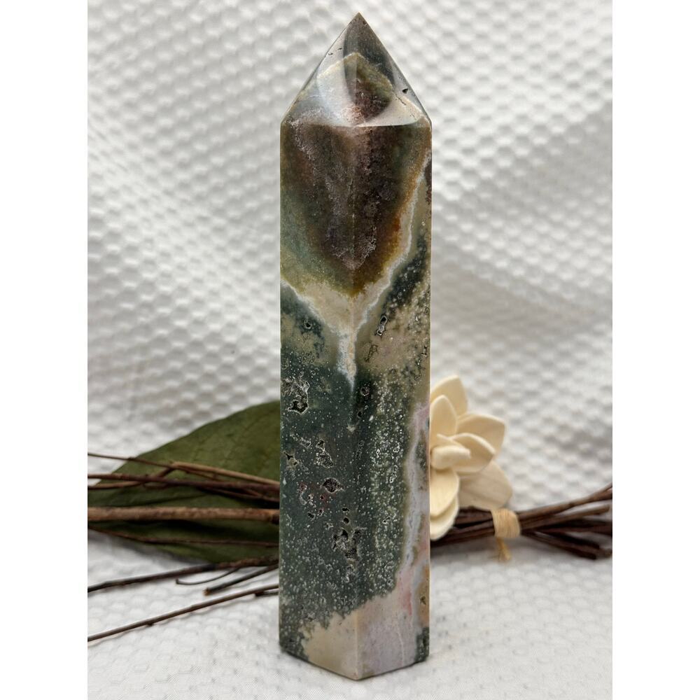 Ocean Jasper Tower Point | 516g | 6.5” Tall | Raw & Polished Crystal Decor
